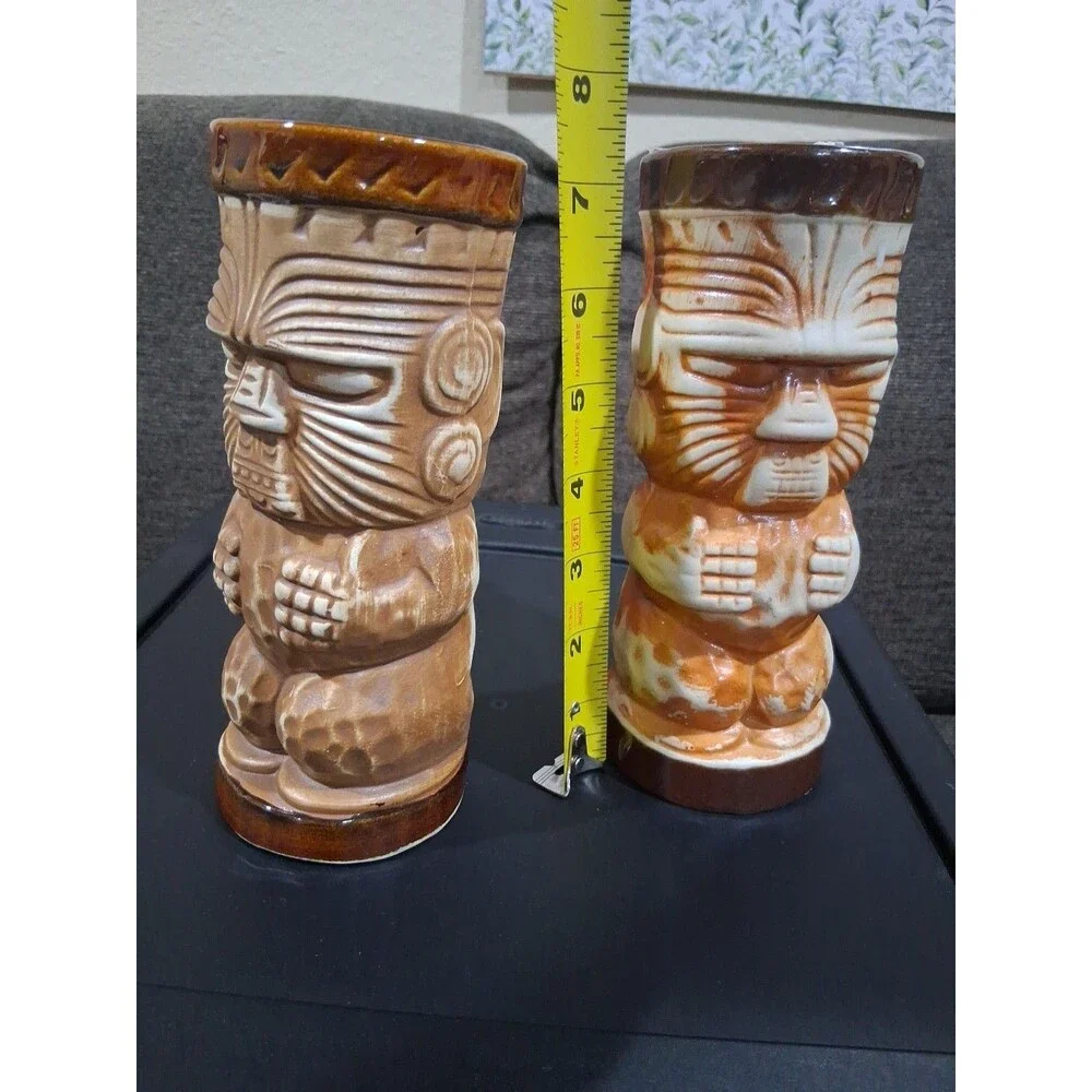 Vintage 1960s MCM Tiki, Tumbler Mug Cup, Trader Dick's,  Brown 7” Lot Of 2